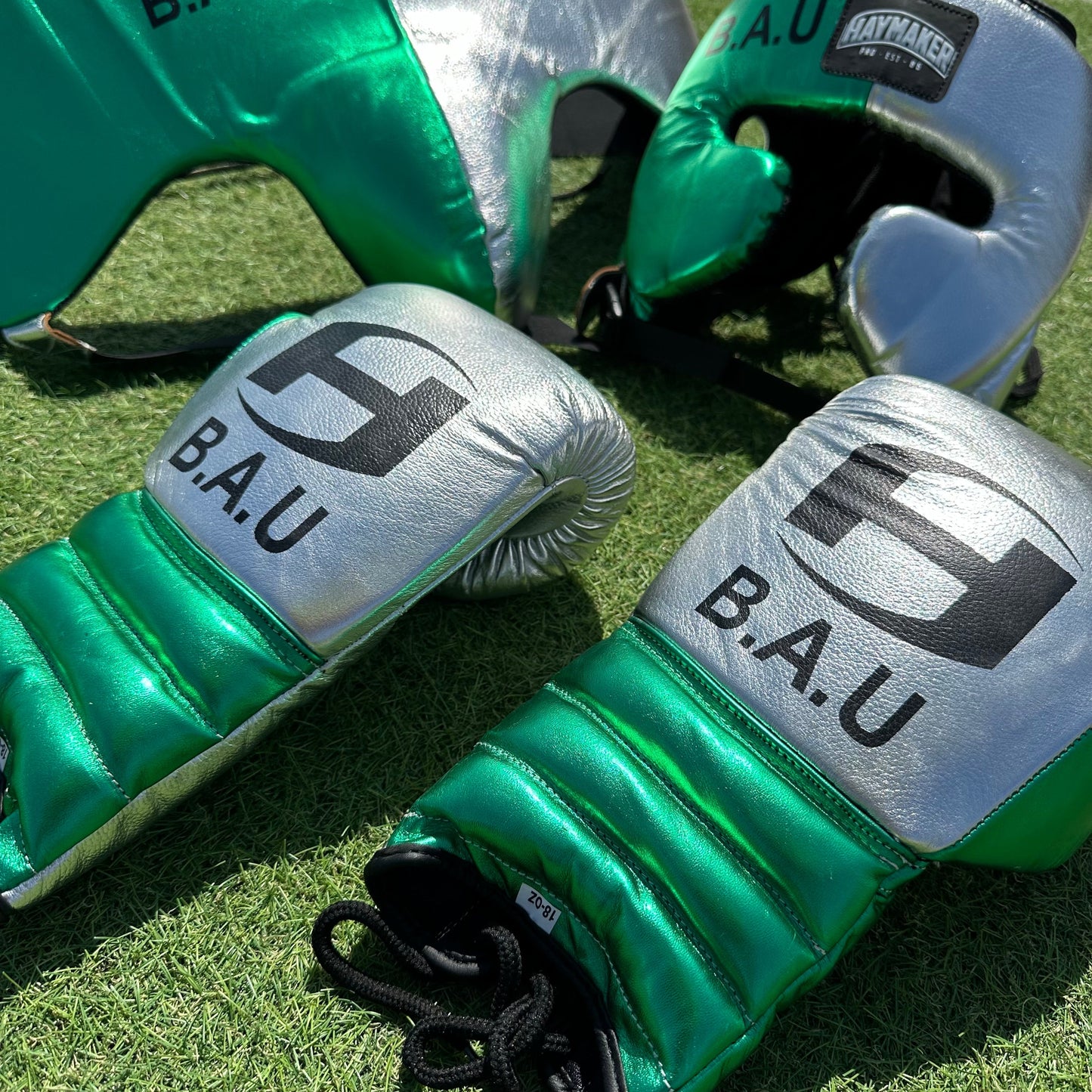 METALLIC GREEN & SILVER | BOXING GLOVES & SPARRING SET | 100% LEATHER