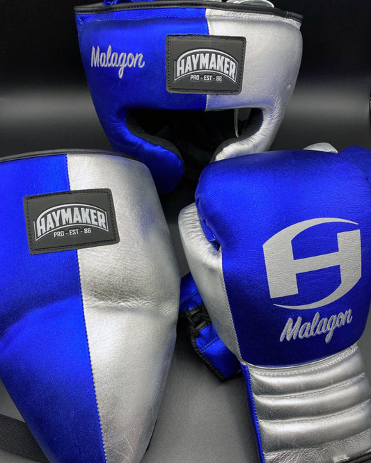 METALLIC BLUE & SILVER | BOXING GLOVES & SPARRING SET | 100% LEATHER